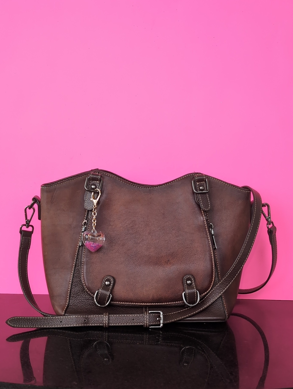 Iswee Brown Leather Crossbody Tote Bag Heart Charm Size 14+10+6 Upper Leather